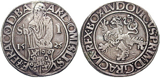 «Прапрадедушка» доллара иоахимсталер 1525 года. Фото: Classical Numismatic Group, cngcoins.com, CC BY-SA 3.0, commons.wikimedia.org