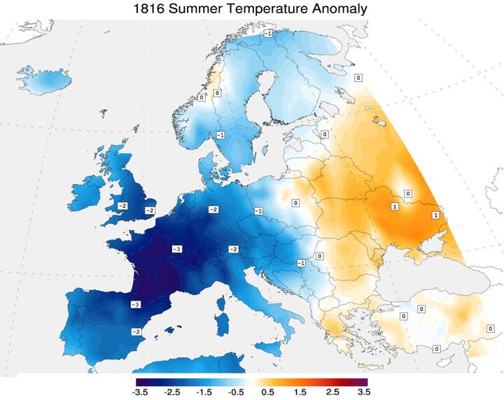 Аномалия температуры летом 1816 года (°C) по отношению к показателям 1971−2000 годов. Фото: Giorgiogp2, CC BY-SA 3.0, commons.wikimedia.org