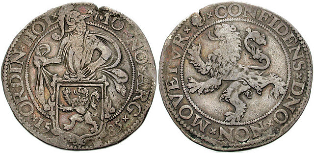 Голландский леувендалер 1585 года. Фото: Classical Numismatic Group, cngcoins.com, CC BY-SA 2.5, commons.wikimedia.org