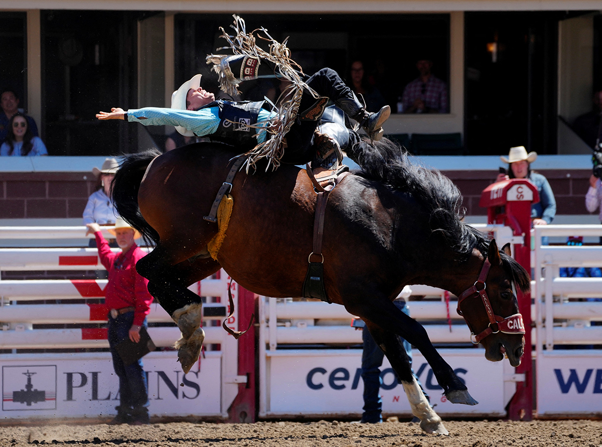 Таннер Аус из Гранит Фоллс, штат Миннесота, скачет на лошади во время соревнований по родео во время фестиваля Calgary Stampede в Калгари, Альберта, Канада 8 июля 2024 года. Фото: Reuters