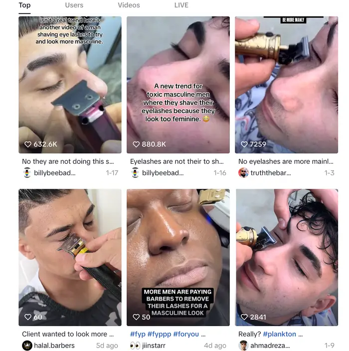 TikTok заполнен видео, как мужчины стригут ресницы. Коллаж: buzzfeed.com