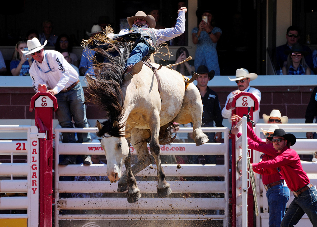 Тейлор Бруссард из Эстервуда, штат Луизиана, скачет на лошади во время соревнований по родео на фестивале Calgary Stampede в Калгари, Альберта, Канада, 8 июля 2024 года. Фото: Reuters