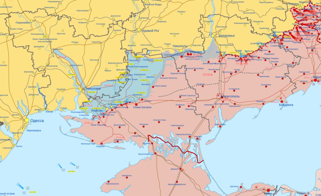 Боевые действия российско-украинской войны 2022-2025 годов на юге Украины. Красным цветом обозначены регионы, которые Россия удерживает сейчас. Синим – районы Херсонской, Николаевской и Запорожской областей, освобожденные ВСУ после временной российской ок